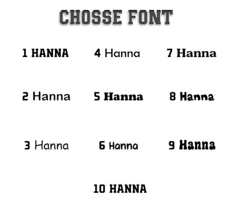 May include: A white background with the text "CHOSSE FONT" in a dark, blocky font. Below, ten numbered examples of the "Hanna" font are displayed, each with a different style.