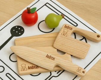 Personalized Kids Wooden Knife and Cutting Board Set, Custom Montessori Kitchen Toy, Engraved Gift for Toddlers and Little Chefs