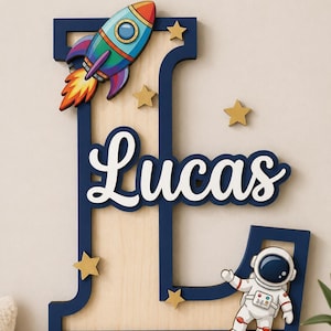 Può includere: Decorazione murale in legno con il nome "Lucas" in corsivo bianco, incastonato in una forma a "L" blu navy. Il design include un razzo colorato, un astronauta e accenti di stelle dorate, creando un arredamento a tema spaziale.