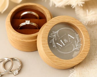 Wedding Ceremony Round Ring Box, Custom Wooden Ring Box Gift Idea, Engraved Engagement Proposal Holder, Anniversary Gifts for Her