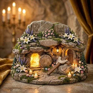 Könnte beinhalten: Eine dekorative Osterszene mit einem Steingrab mit hellem Innenraum. Das Grab ist mit Blumen, Kerzen und einem Holzkreuz geschmückt. Der Text "HE IS RISEN" ist auf einem Schild zu sehen. Osterdekoration.