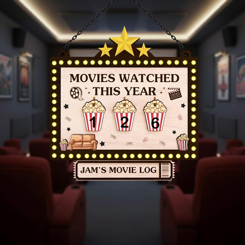 Movie Message Display Wooden Movie Tracker Sign, Custom Cinema Counter Board, Movies Watched ...