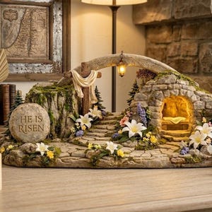 Puede incluir: Una detallada escena de Pascua con un arco de piedra, escaleras y una tumba. La escena incluye una cruz, flores y el texto "HE IS RISEN" en una piedra. También hay una vela encendida y un huevo decorativo.
