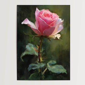 Poster Una delicata rosa rosa con foglie verdi su uno sfondo scuro Quadro da parete Fiori Arte Natura Decorazione