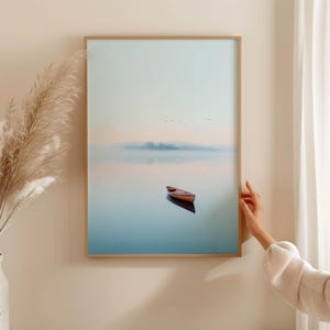 Poster lake with wooden boat in the fog – Scandinavian wall picture, boat photography, minimalist poster, poster tranquility for wall decoration living room