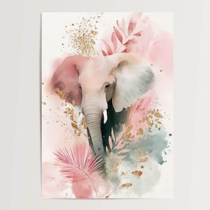 Poster Elefant Aquarell Boho – Modernes Wandbild mit goldenen Akzenten, Tierposter rosa grün, Dschungel Deko