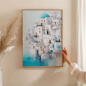Santorini Poster – white architecture above the sea in blue, Mediterranean art as a modern, minimalist Greek print and wall mural