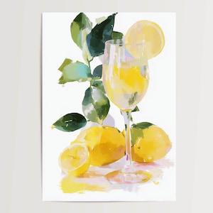 Poster Bicchiere di limone con limone e foglie Natura morta Acquerello Stampa artistica su carta Spritz al limone Limoncello