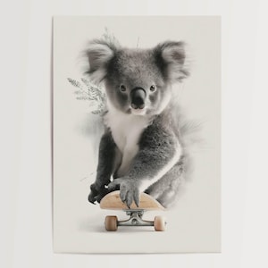 Póster Koala en patineta, divertido motivo animal, cuadro de pared para habitación infantil moderno FSC A4-A0, idea de regalo sin marco