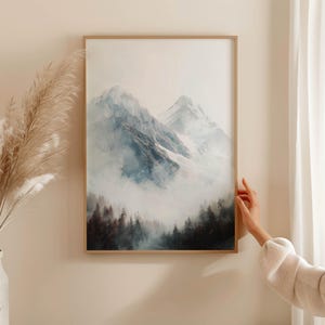 Mountains in the fog – mountain poster as a minimalist nature poster, calm poster landscape for the living room, Scandi poster wall art mural