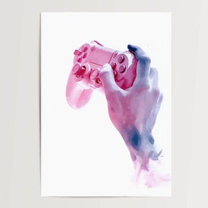 Poster mano con controller di gioco in rosa e blu – arte di gioco per giocatori, decorazione da parete e design moderno per il soggiorno DIN A FSC sostenibile opaco