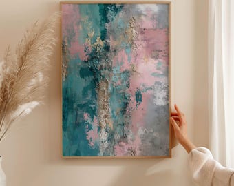 May include: Abstract art print in a wooden frame. The artwork features a textured, layered design with teal, pink, gray, and gold tones. The painting is displayed on a beige wall, with a hand touching the frame.