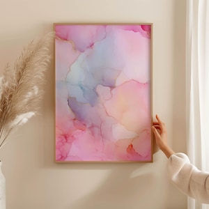 Abstract watercolor poster in pink and pastel with golden lines – modern, minimalist boho wall art for the living room
