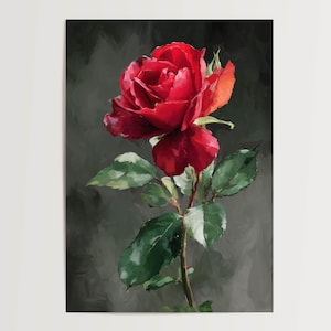 Dipinto ad olio di rosa rossa con foglie verdi – arte floreale su carta opaca – arte botanica murale per soggiorno e camera da letto
