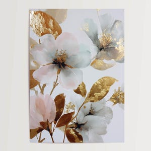 Poster Fiori Dorati Acquerello, moderno quadro murale floreale, arte delicata con accenti dorati, botanicamente elegante