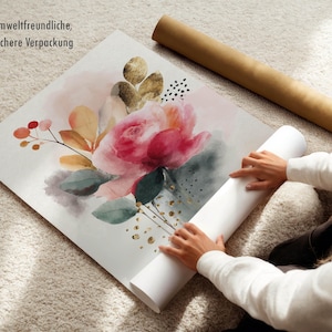 Póster de flores de acuarela con detalles dorados, cuadro de pared moderno de rosas, arte floral para sala de estar, regalo sostenible