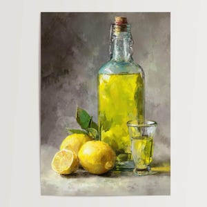 Poster Limoncello Still Life – Decorazione da parete per cucina con limoni, bicchiere, limoncello in giallo e grigio, poster opaco, DIN A, certificato FSC