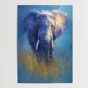 Poster di elefante africano dipinto digitalmente nei colori blu e giallo, poster di animali, immagine naturalistica, opera d'arte sostenibile, decorazione della fauna selvatica