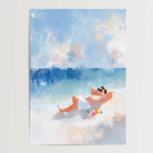 Poster Entspannter Mann am Strand Sonnenbrille Meer Himmel Blumen Aquarell Digital Kunst