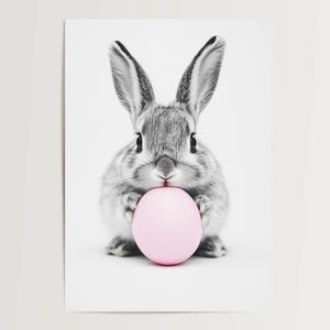 Póster de conejito con huevo de Pascua rosa: bonito póster minimalista de animales para habitación infantil, salón, primavera y Pascua.