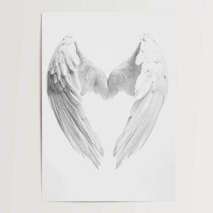 Póster "Alas de ángel con corazón": obra de arte minimalista en blanco sobre papel mate para sala de estar, dormitorio, oficina o como regalo.