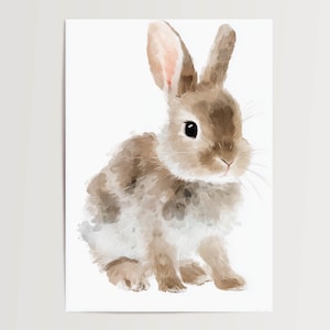 Póster de conejo lindo con motivo de acuarela, animal blanco y marrón, decoración de pared para habitación infantil.