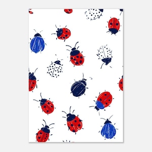 Poster con motivo a coccinella in rosso, blu e bianco – illustrazione colorata di un coleottero per la decorazione della cameretta dei bambini e del soggiorno