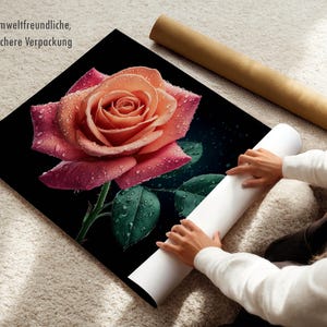Póster de rosa con gotas de agua sobre fondo negro: arte floral de pared, arte natural, decoración floral moderna.