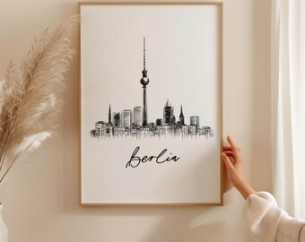 Berlijnse skyline poster – Minimalistische kunst van de hoofdstad met tv-toren, zwart-wit poster, illustratie voor wanddecoratie in de woonkamer