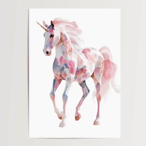 Póster de unicornio con acuarela y efecto brillante: imagen de unicornio de ensueño en estilo pastel en calidad alemana.