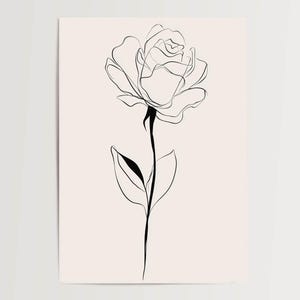 Póster de línea artística de rosa: póster floral minimalista, decoración de pared moderna, arte floral, pieza única y elegante, póster sin marco.