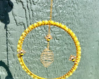 Small Bumble Bee Sun Catcher | Handmade Hanging | Outdoor Décor | Yellow Crystals