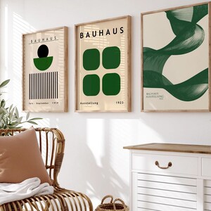 Bauhaus Wall Art Set of 3 – Mid Century Modern Wall Art - Geometric Posters in Deep Forest Green – Minimalist Abstract Digital Prints