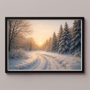 Könnte beinhalten: Gerahmter Winterlandschaftsdruck. Eine schneebedeckte Straße schlängelt sich durch einen Wald aus schneebedeckten Bäumen. Die Sonne geht in der Ferne unter und wirft einen warmen Schein. Der Druck ist in einem schwarzen Rahmen.