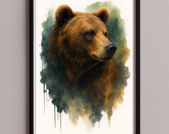 Poster da parete con orso – in stile acquerello – Arte digitale con animali per soggiorno e ufficio – Decorazione murale stampabile JPG, an-26