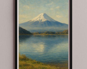 Póster mural del Monte Fuji: pintura al óleo japonesa con lago y montaña. Impresión digital (JPG, jap-10).