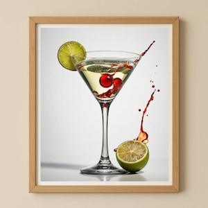 Peut inclure: Impression d'art encadrée d'un cocktail martini avec une tranche de citron vert et des cerises. Une éclaboussure de liquide rouge est visible, ainsi qu'une moitié de citron vert. Le verre à martini est transparent.