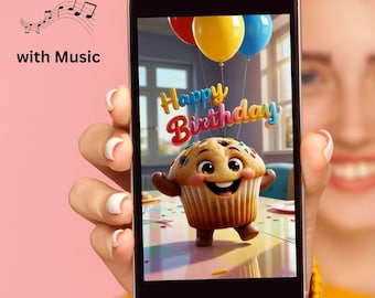 Animated Birthday E-Card – Happy Birthday Muffin – 10 Second Video with Music – Digital Birthday Card, hb-9