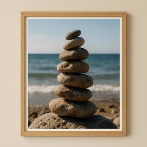 May include: A framed print featuring a stack of smooth, rounded stones balanced on top of each other. The stones are various shades of brown and tan, set against a backdrop of a blue ocean and sky. The frame is a light wood color.