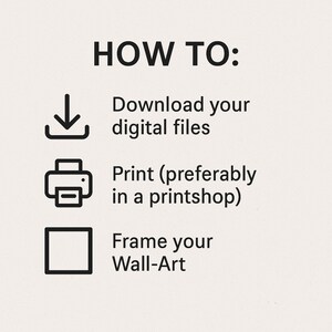 May include: A beige graphic with black text and icons. The text reads "HOW TO: Download your digital files, Print (preferably in a printshop), Frame your Wall-Art."