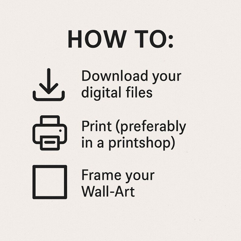 May include: A beige graphic with black text and icons. The text reads "HOW TO: Download your digital files, Print (preferably in a printshop), Frame your Wall-Art."
