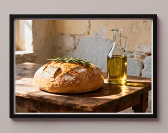Rustiek brood met rozemarijn en olijfolie als wanddecoratieposter – Stilleven uit de mediterrane keuken – Digitale print JPG – so-20