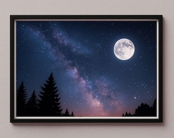 Moon Wall Art Poster Picture – Starry Sky & Milky Way – Digital Night Landscape for Living Room, Bedroom – Printable Wall Decor, JPG, sze-38