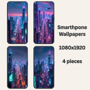 May include: Four smartphone wallpapers featuring a futuristic cityscape with vibrant neon lights. The wallpapers are 1080x1920 pixels in size. The text on the image reads "Smartphone Wallpapers" and "4 pieces".