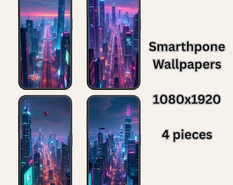 May include: Four smartphone wallpapers featuring a futuristic cityscape with vibrant neon lights. The wallpapers are 1080x1920 pixels in size. The text on the image reads "Smartphone Wallpapers" and "4 pieces".