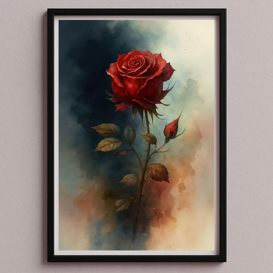 Rose Wall Art Poster Picture – Elegant Red Rose in Watercolor Style ...