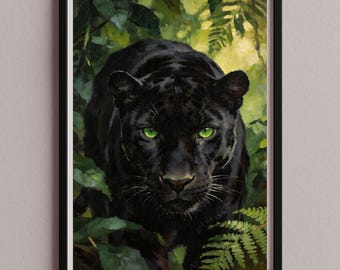 Black Panther Wall Art Picture Poster – Green Eyes Jungle Animal Oil Painting, Dramatic Wildlife Decor – Digital Download Print JPG, an-200
