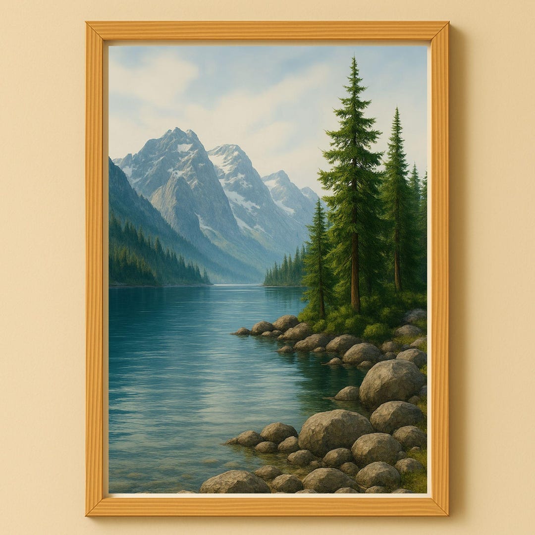 Mountain Lake Wall Art Poster Picture – Landscape Illustration ...