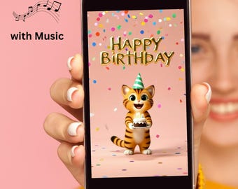 Happy Birthday E-Card Cat Video – cheerful vertical MP4 with music for fun digital birthday greetings – instant download