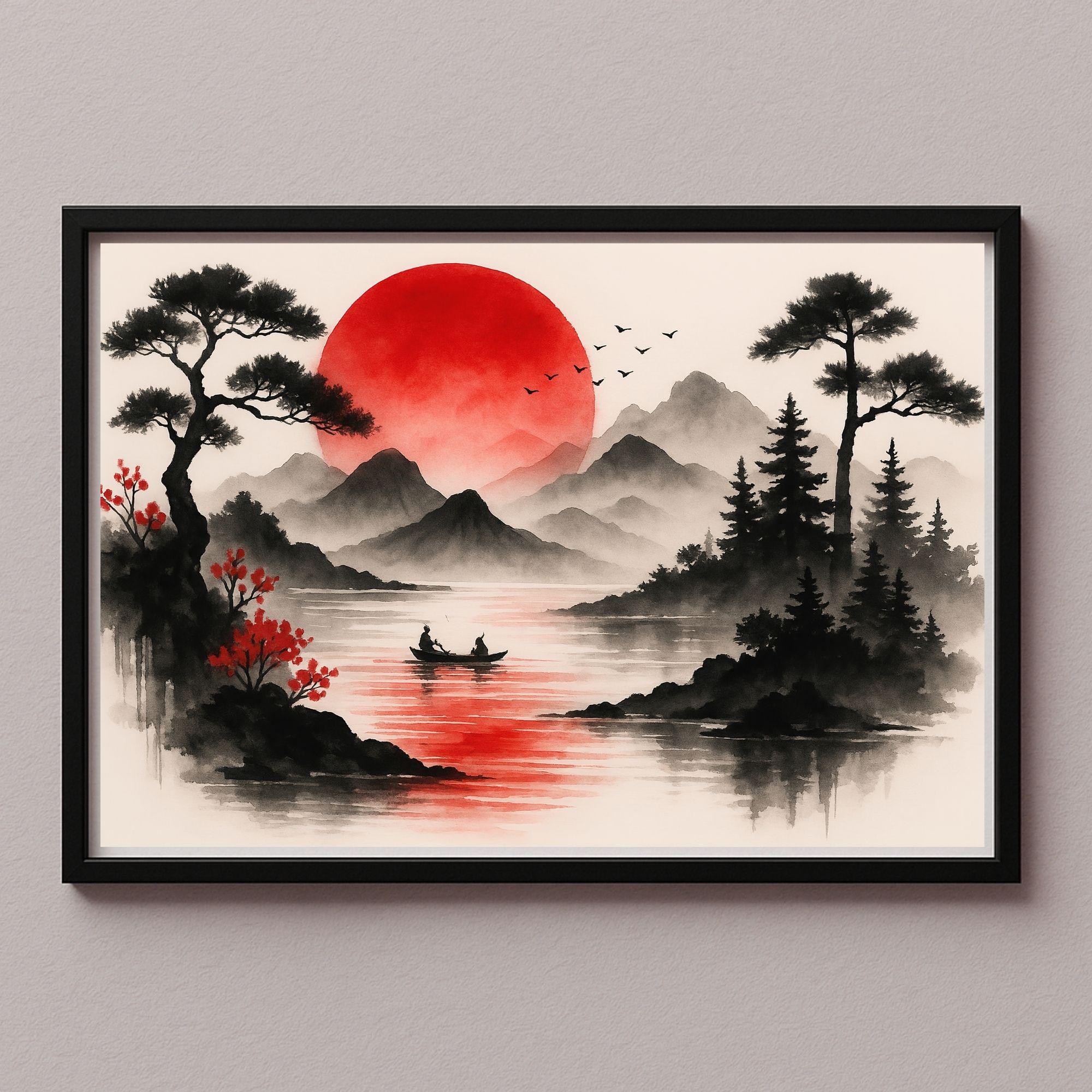 Japanese Wall Art Picture Poster – Red Sun Over Lake and Mountains